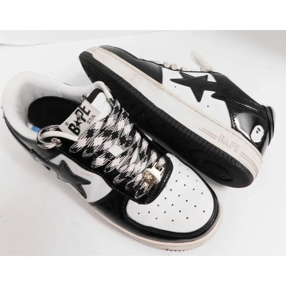 A Bathing Ape BAPE STA Bape Sta Patent Leather Black/White Men's Low Top sz 7.5